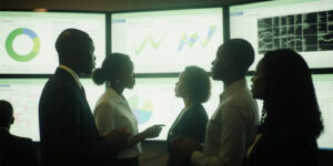 University team discussing insights in front of large analytics screens, showing decision-making powered by a student information system for higher education.