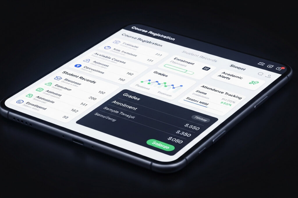 Mobile interface displaying course registration, grades, and attendance features inside a modern student information system for higher education.
