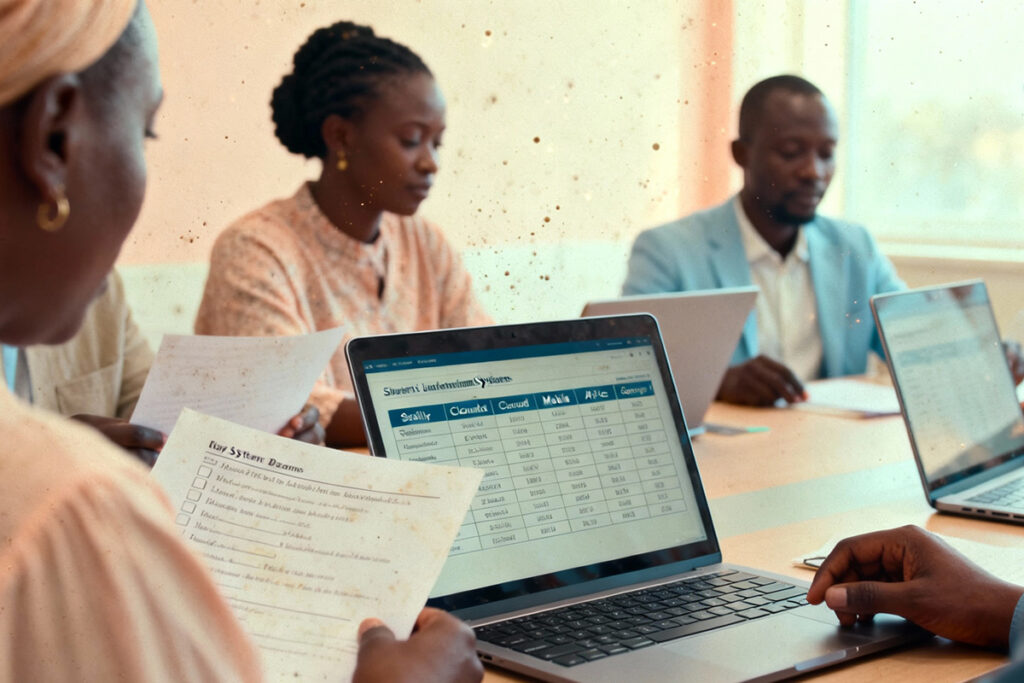 Team reviewing digital records on laptops during a meeting, showing how a student information system for higher education supports data accuracy and collaboration.
