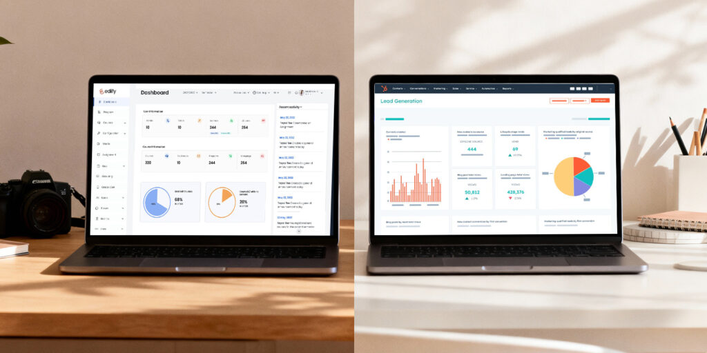 University leadership team discussing analytics screens to understand LMS vs CRM for universities across admissions and academics