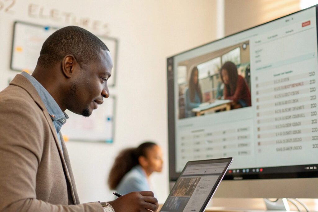 Education team analyzing dashboards to compare LMS vs CRM for universities in reporting, tracking, and student data visibility.

