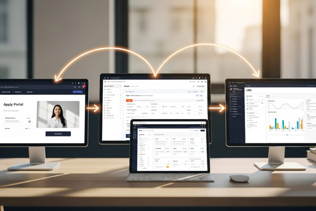 University staff reviewing student records on a laptop showing how LMS vs CRM for universities handle academic and admission data

