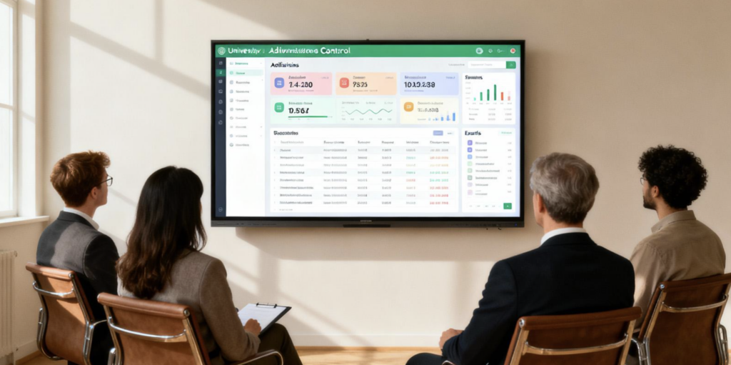 University admin portal displayed during a leadership meeting, showing real time admissions, finance, and academic performance dashboards on a central screen.
