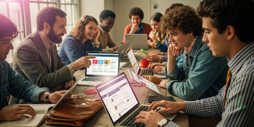 Students collaborating through a learning management system using laptops for online courses, assignments, discussions, and digital content access