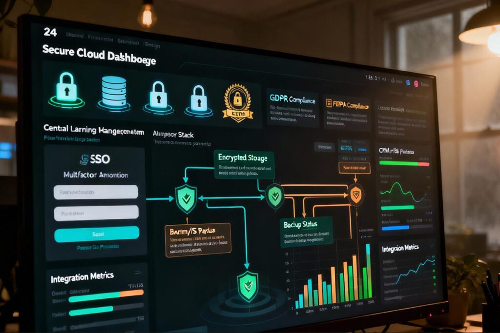 Learning management system security dashboard displaying encrypted storage, SSO access, GDPR compliance, backups, and system performance reporting
