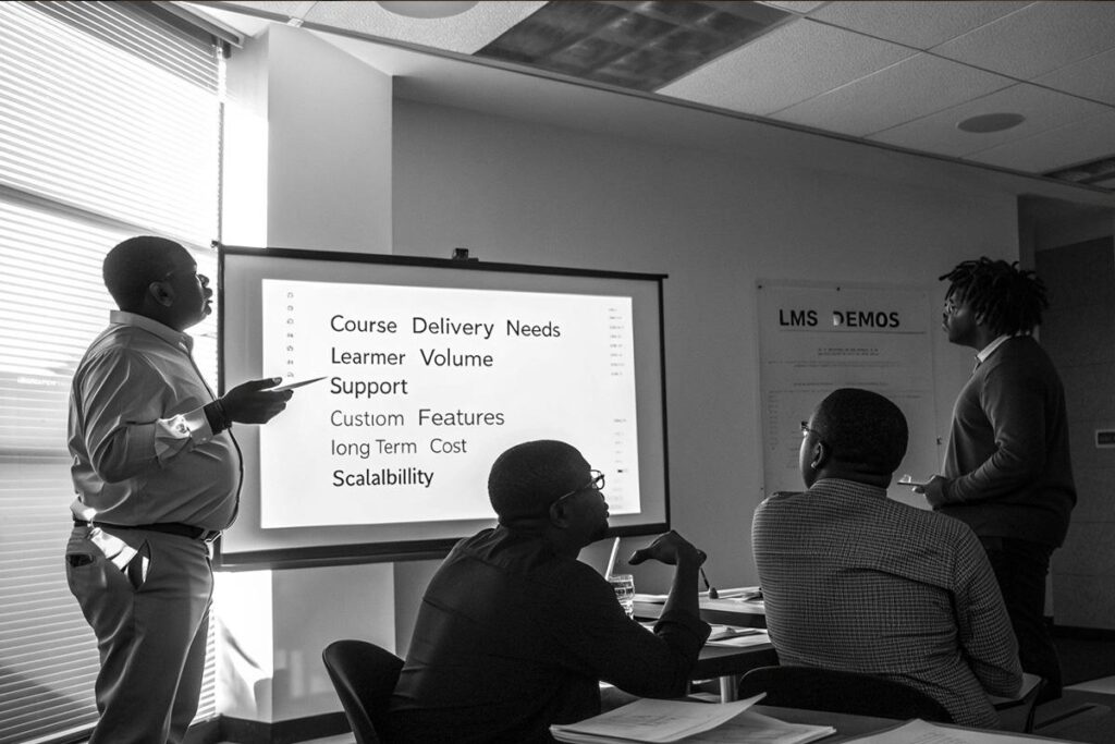 University team reviewing learning management system requirements including course delivery needs, learner volume, support, custom features, cost, and scalability
