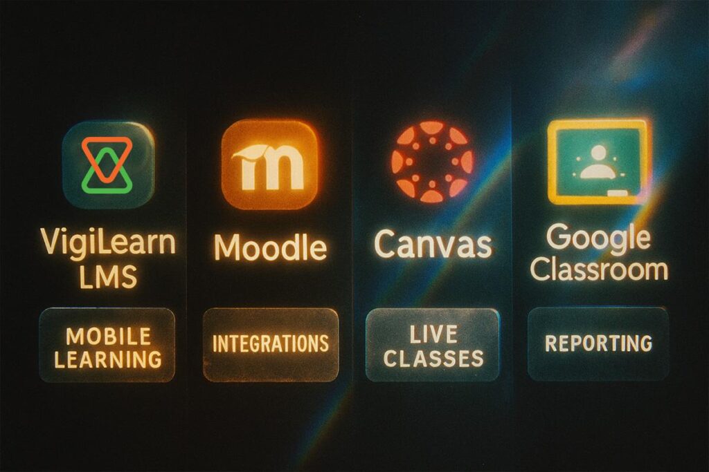  Comparison of learning management system platforms showing Vigilearn LMS, Moodle, Canvas, and Google Classroom with mobile learning, integrations, live classes, and reporting features
