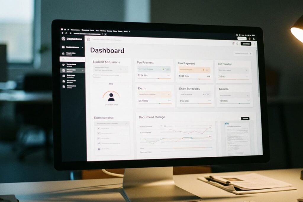 University admin portal dashboard displaying admissions status, fee payments, exams, and document storage.
