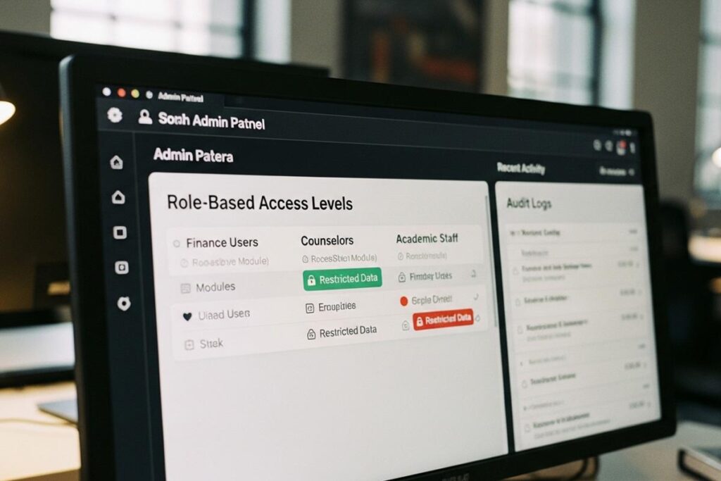 University admin portal with role based access control for finance teams, counselors, and academic staff.
