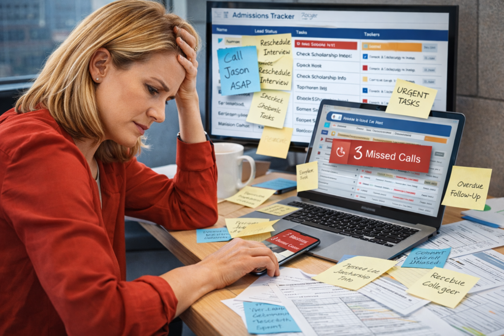 Education CRM automation interface tracking interviews, scholarships, tasks, and applicant progress for education sales teams
