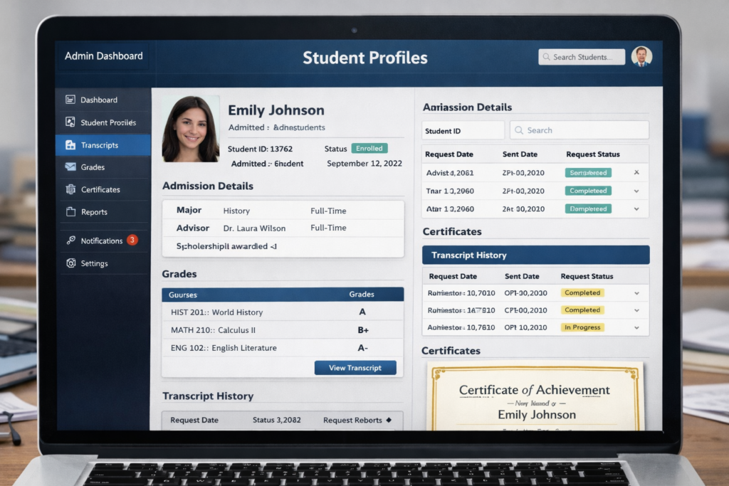 Clean digital interface displaying student profiles with admission details, grades, certificates, and searchable transcript history.
