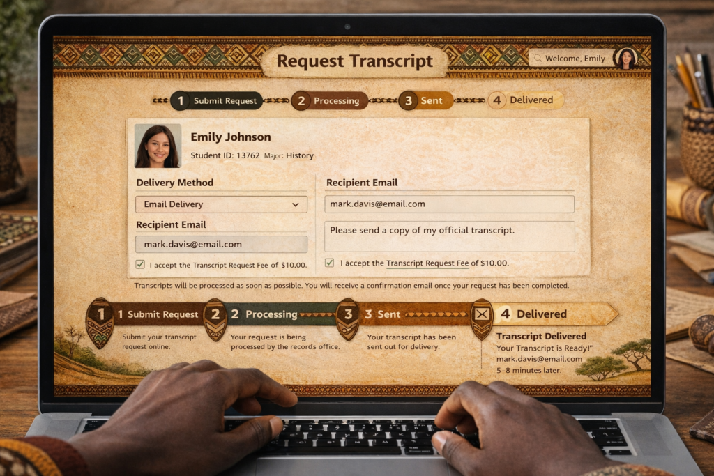 Student submitting an online transcript request on a portal, progress steps visible from request to email delivery.
