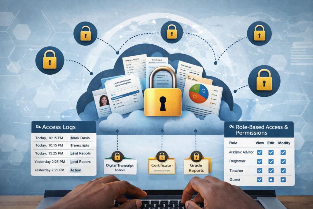 Secure cloud storage visual with lock icons, access logs, and role-based permissions protecting academic documents.
