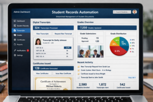 University admin dashboard on a laptop showing student records automation with digital transcripts, grades, and certificates neatly organized.