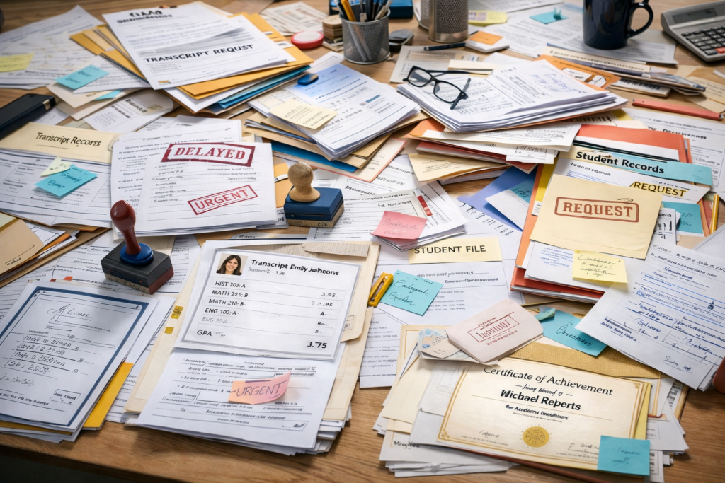 Messy office table with paper files, folders, and stamped documents scattered, showing delays and confusion in manual student records.
