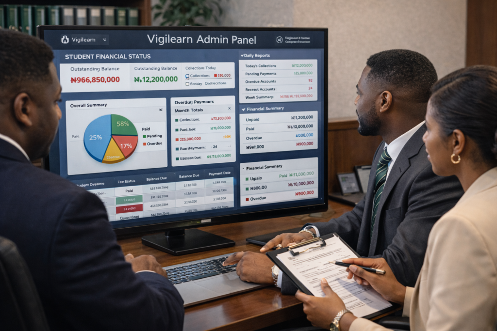 Finance staff checking real time tuition data on a laptop using a centralized university payment system for student fee tracking
