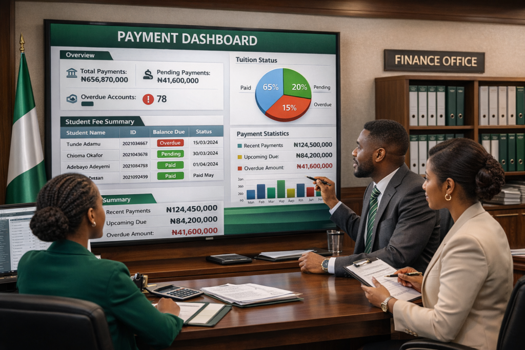 Finance team reviewing a centralized university payment system dashboard showing tuition status, pending payments, and overdue student accounts