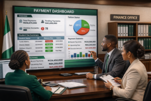 Finance team reviewing a centralized university payment system dashboard showing tuition status, pending payments, and overdue student accounts