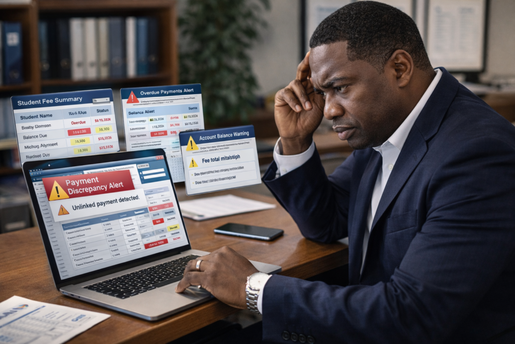 University admin handling payment discrepancies and overdue alerts inside a university payment system used for fee tracking and reconciliation