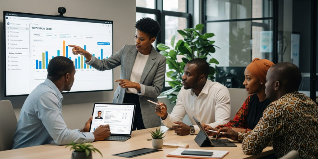 Admissions team reviewing data analytics for universities with real time enrollment and admission insights