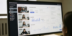 Online exam management proctoring dashboard showing live student video feeds, exam status, and performance analytics