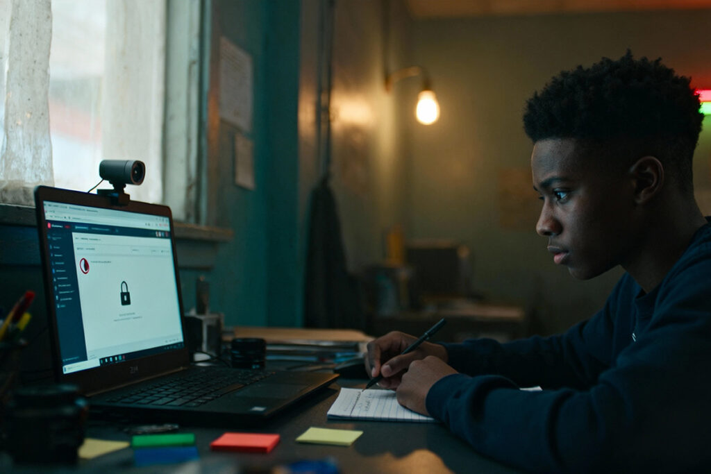 Online exam management system with student taking a secure online exam using webcam monitoring and locked browser
