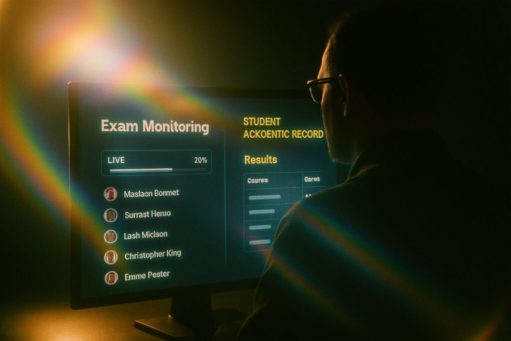 Online exam management dashboard showing live exam monitoring, student list, and real-time result tracking
