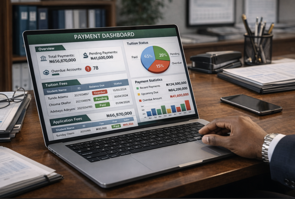 Admin reviewing admission and fee confirmation flow inside a university payment system linking application fees, tuition payments, and enrollment status
