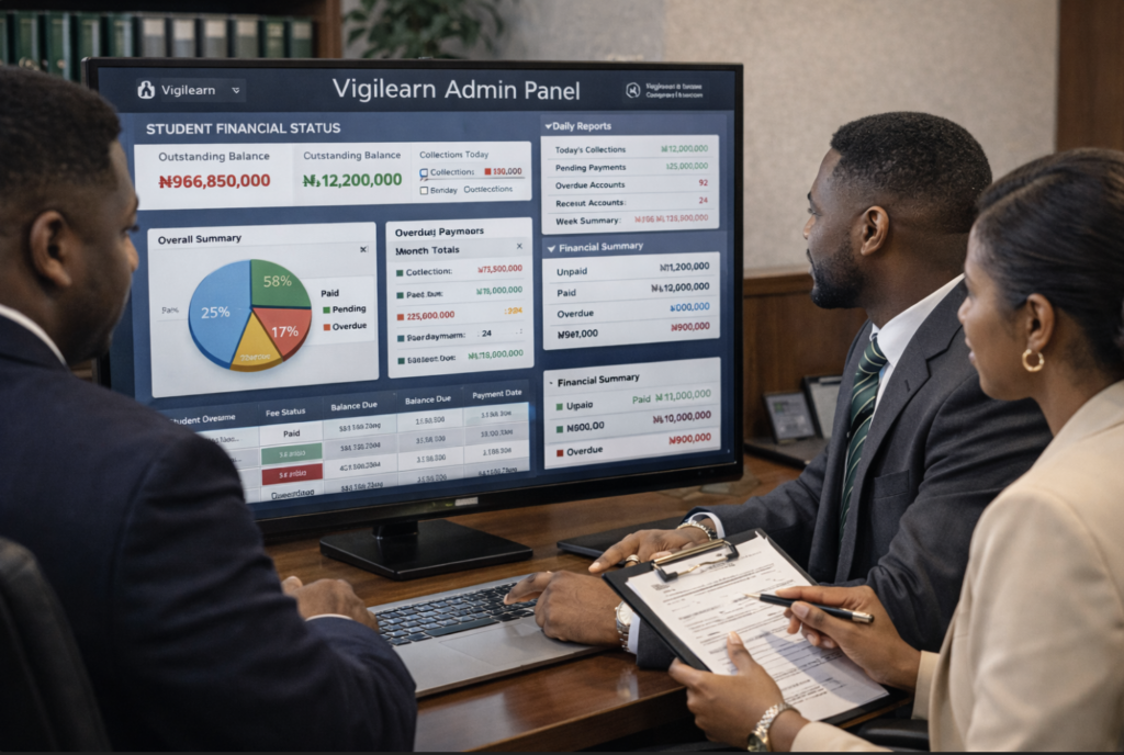 University finance team analyzing student balances and reports on Vigilearn dashboard powered by a university payment system
