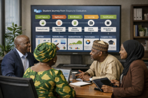 University administrative team working with a unified digital dashboard showing the full student journey from enquiry to graduation, stages like lead capture, application, enrollment, learning, and certification visible in one flow, modern higher-education office setting, focus on connected systems rather than individual tools
