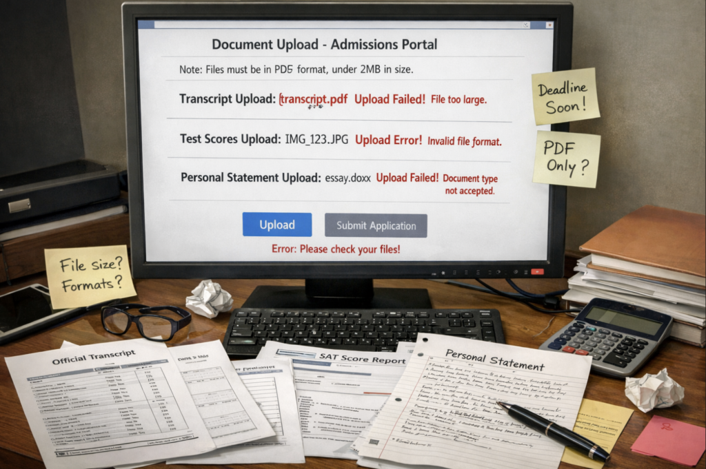 applicant-drop-off-after-form-submission Student attempting to upload academic documents on an admissions portal, unclear file requirements and upload errors visible on screen, multiple documents on the desk, sense of friction and stalled progress
