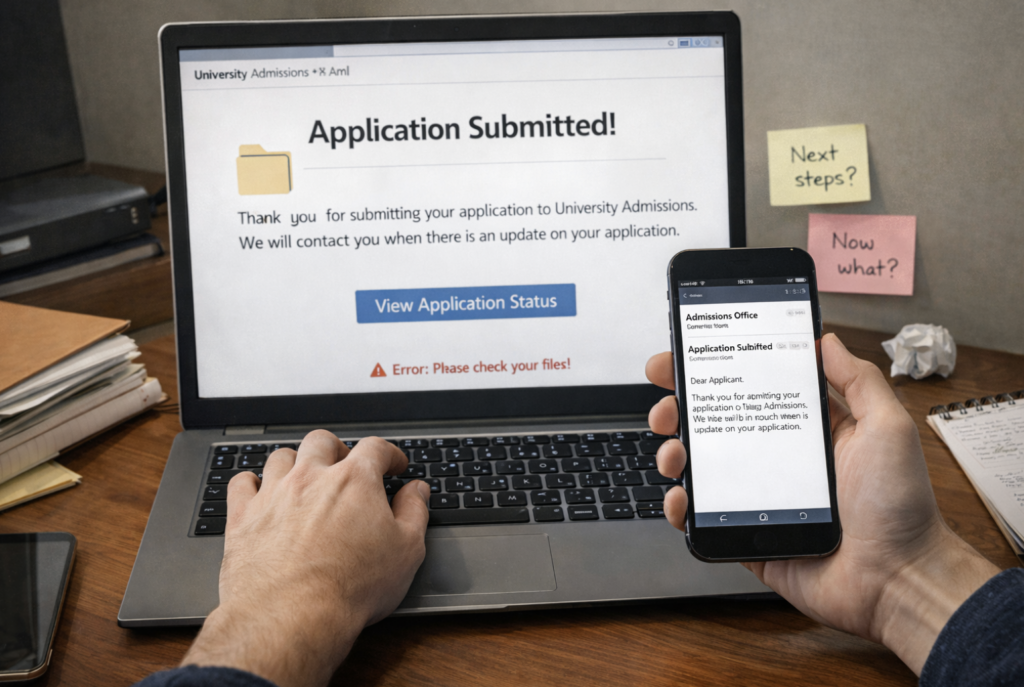 University applicant checking email and application portal repeatedly on a laptop and phone, generic confirmation email visible, no clear guidance shown, mood of confusion and uncertainty immediately after form submission
