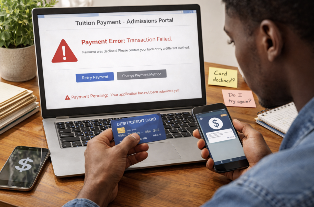 Applicant facing a failed or pending payment screen on an admissions portal, error message or incomplete transaction visible, student hesitating with debit card or phone in hand, moment of doubt causing application to stall
