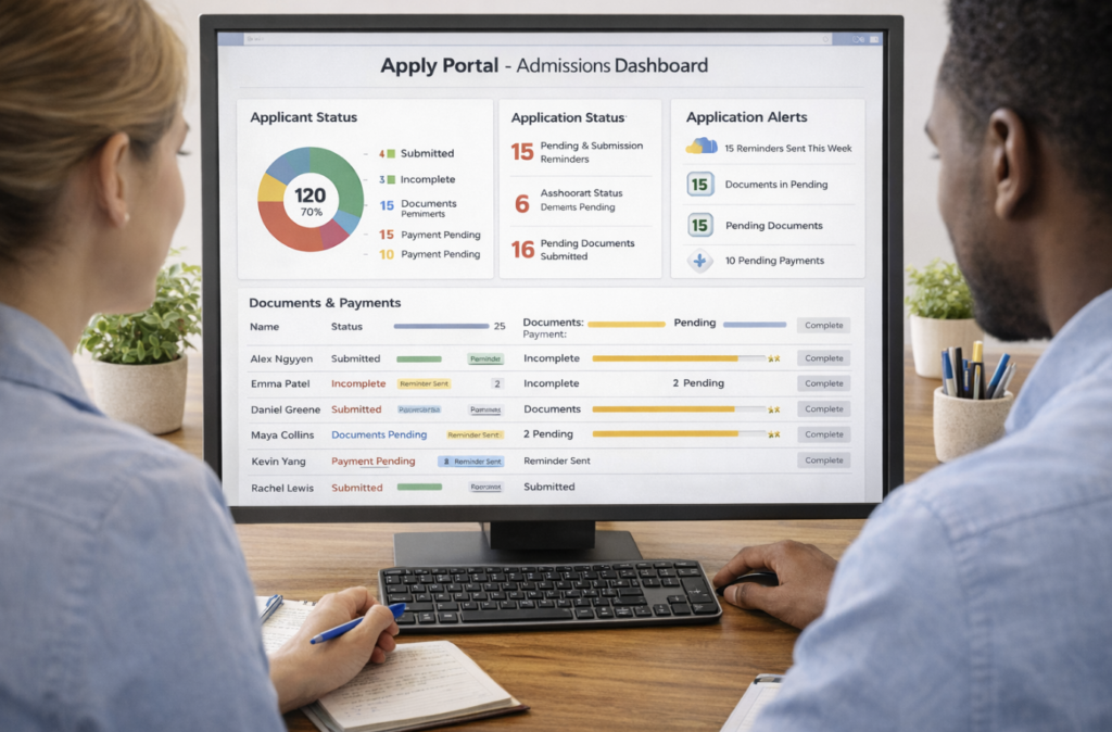 University admissions team viewing a centralized Apply Portal dashboard showing applicant status, reminders sent, pending documents, and payment stages, clean interface with clear visibility, staff confidently managing applications and reducing drop-off
