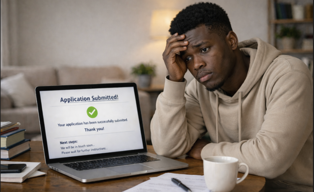 applicant-drop-off-after-form-submission Prospective university applicant sitting with a laptop after submitting an online application form, confirmation screen visible but next steps unclear, student looking uncertain and waiting, quiet home environment, focus on pause and drop-off after form submission