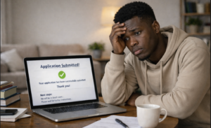 applicant-drop-off-after-form-submission Prospective university applicant sitting with a laptop after submitting an online application form, confirmation screen visible but next steps unclear, student looking uncertain and waiting, quiet home environment, focus on pause and drop-off after form submission