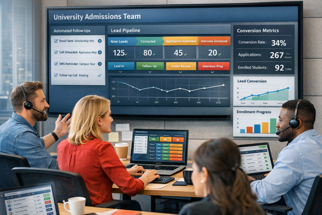 Education CRM automation dashboard used by university admissions and sales teams to track leads, automate follow-ups, manage applications, and improve student conversions in 2026