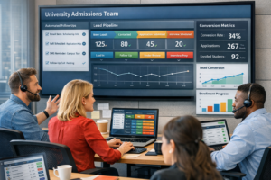 Education CRM automation dashboard used by university admissions and sales teams to track leads, automate follow-ups, manage applications, and improve student conversions in 2026