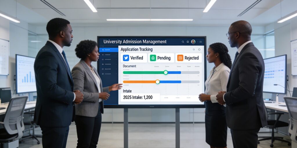 University IT and academic leadership team reviewing a modern learning management system for universities on a large screen, course dashboards, analytics panels, and mobile interface previews visible, professional higher education decision-making environment