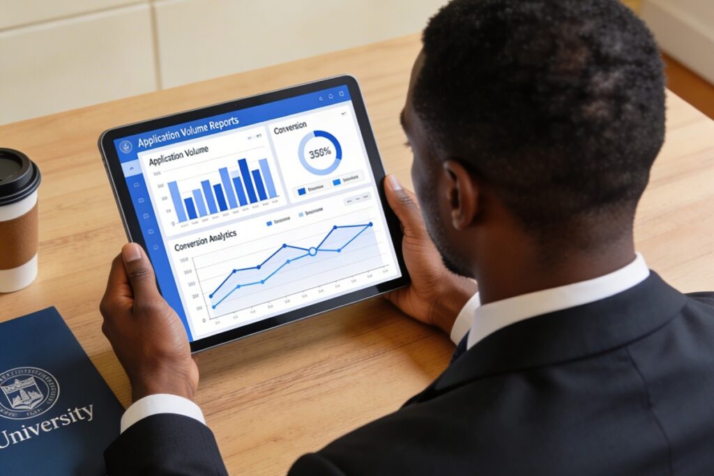 University IT and academic leadership team reviewing a modern learning management system for universities on a large screen, course dashboards, analytics panels, and mobile interface previews visible, professional higher education decision-making environment