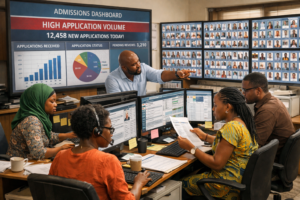 University admissions staff reviewing applicant profiles and dashboards on multiple screens, managing high application volume in a centralized system to handle a large number of applications without delays.