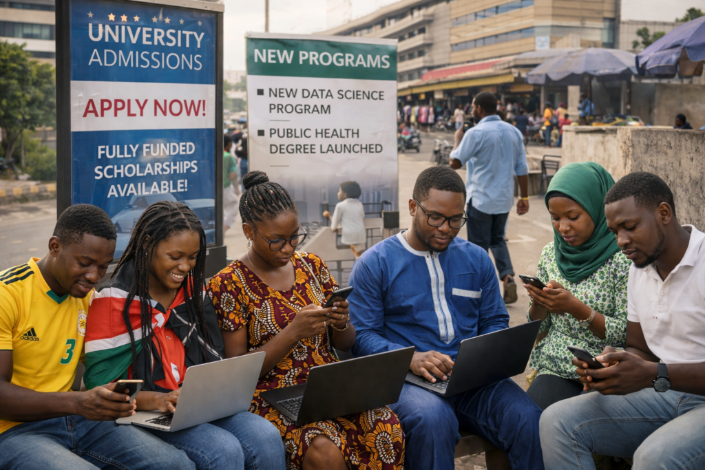 Students using laptops and smartphones outdoors to apply for new university programs, reflecting how high application volume increases when multiple intakes, scholarships, and new courses are announced at the same time.