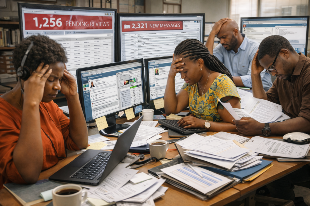 University admissions officers reviewing applicant documents in person, showing how high application volume creates pressure on teams when applications are processed manually without enough digital support.