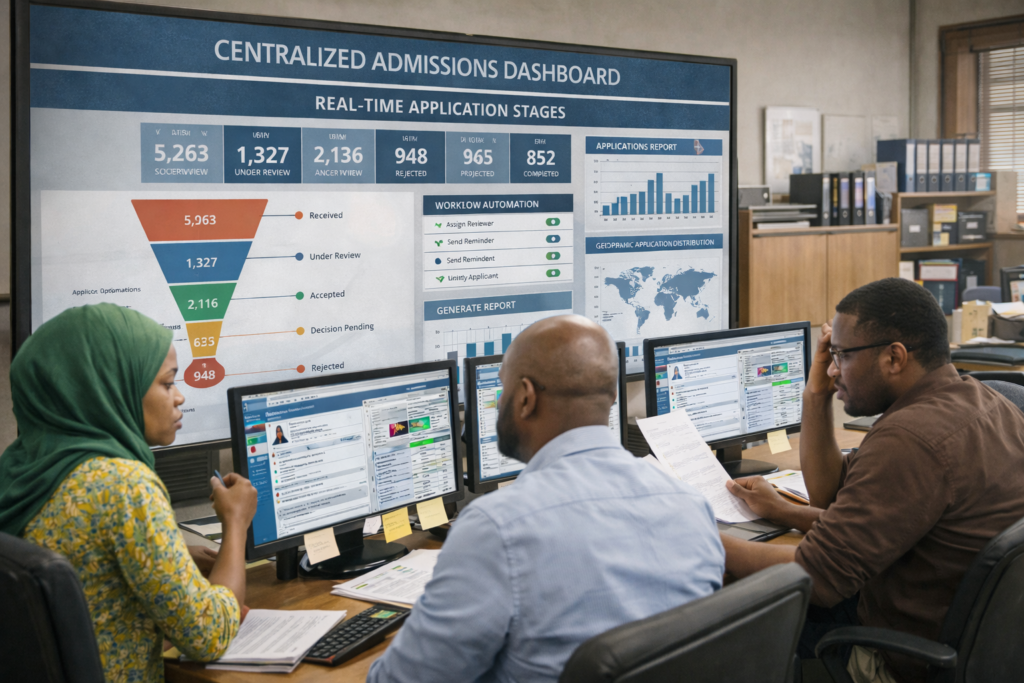 University admissions team using a centralized digital dashboard to track application stages in real time, demonstrating how high application volume can be managed with workflow automation and clear process visibility.
