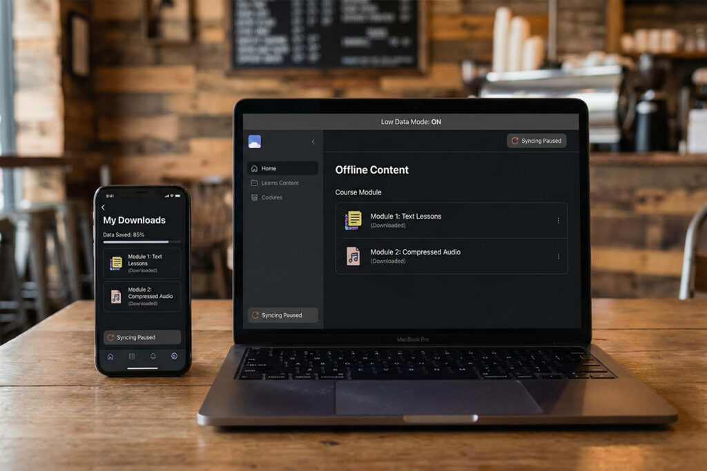 Laptop and smartphone displaying downloaded course modules inside a low bandwidth LMS Africa system supporting offline learning systems.