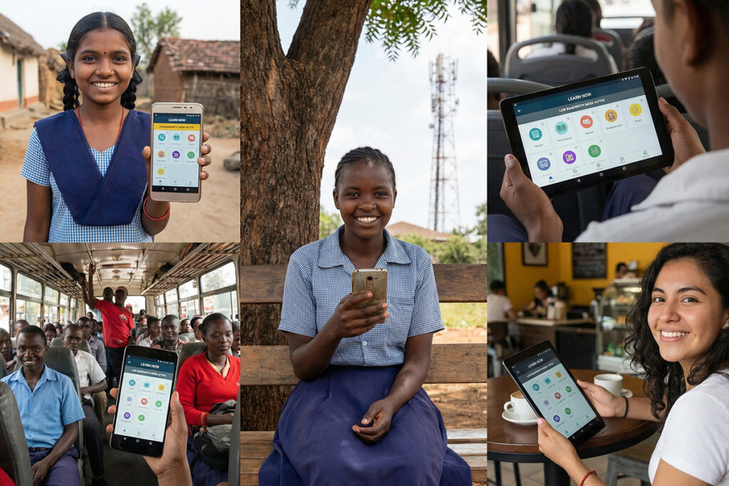 Students in rural and urban communities using mobile devices to access lessons through a low bandwidth LMS Africa platform built for low internet areas.