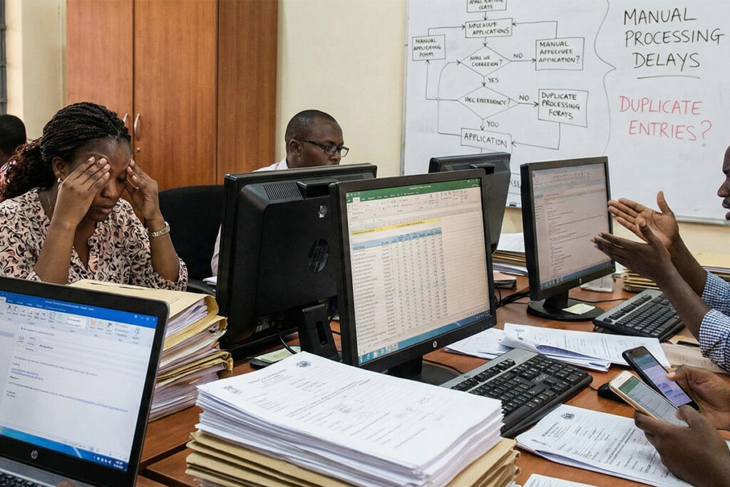 Admissions staff handling paper forms, emails, and spreadsheets at the same time, visible delays and duplicate work, confused workflow showing limits of manual enrolment processes 