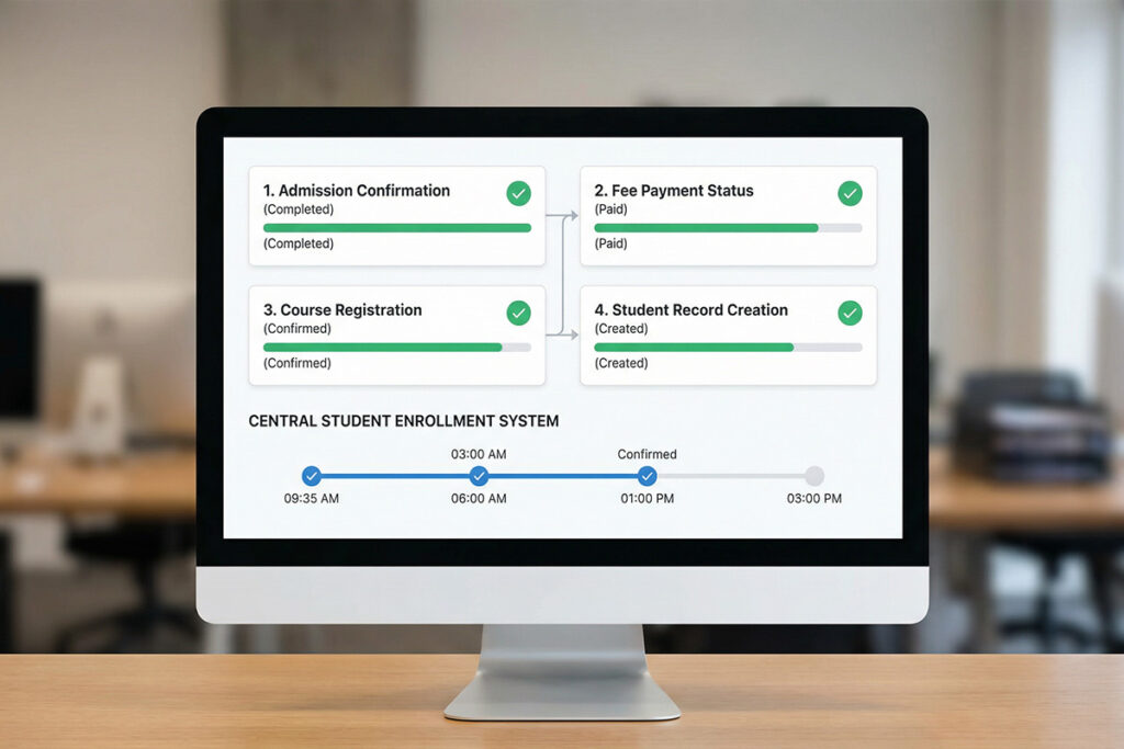 Central system screen showing admission confirmation, fee payment status, course registration, and student record creation in one view, clean workflow-based interface 