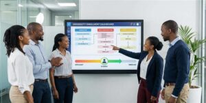 University admissions and enrolment team viewing a single digital enrolment dashboard, student status moving from admission to enrolled, fee confirmation and course allocation visible, modern administrative office showing structured and automated enrolment flow