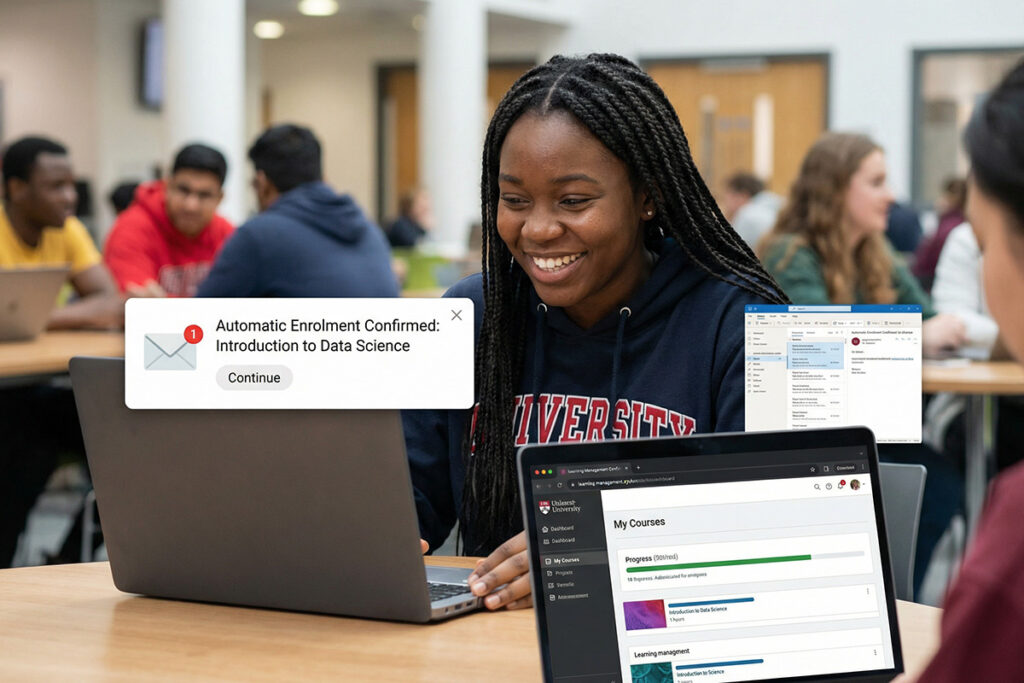 Student receiving automatic enrolment confirmation email while accessing course dashboard on a laptop, smooth transition from admission to learning without manual steps 